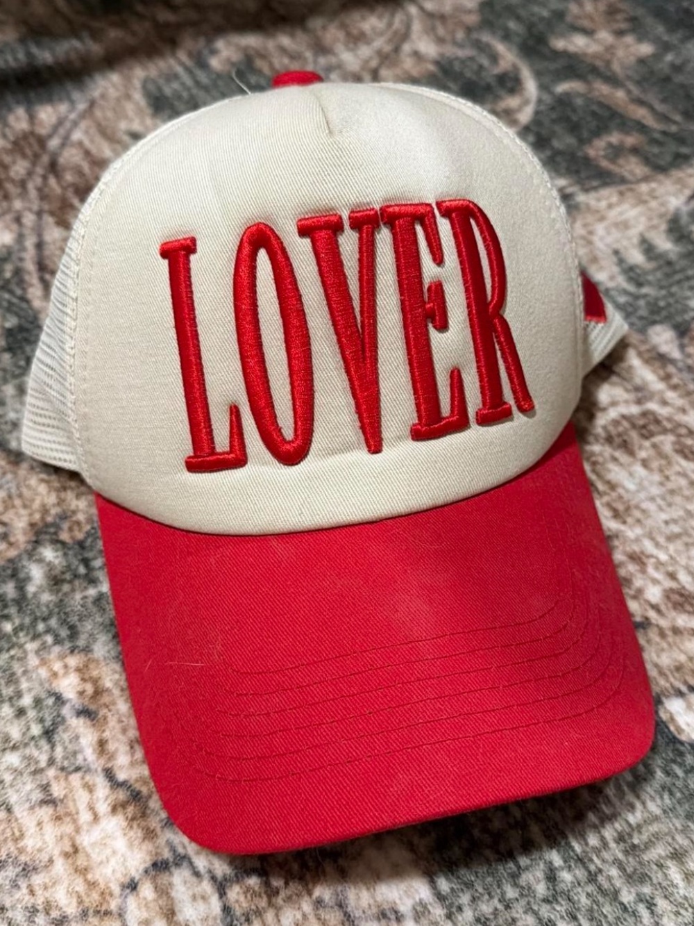 Cream and Red 'LOVER' Trucker Hat by Altar’d State